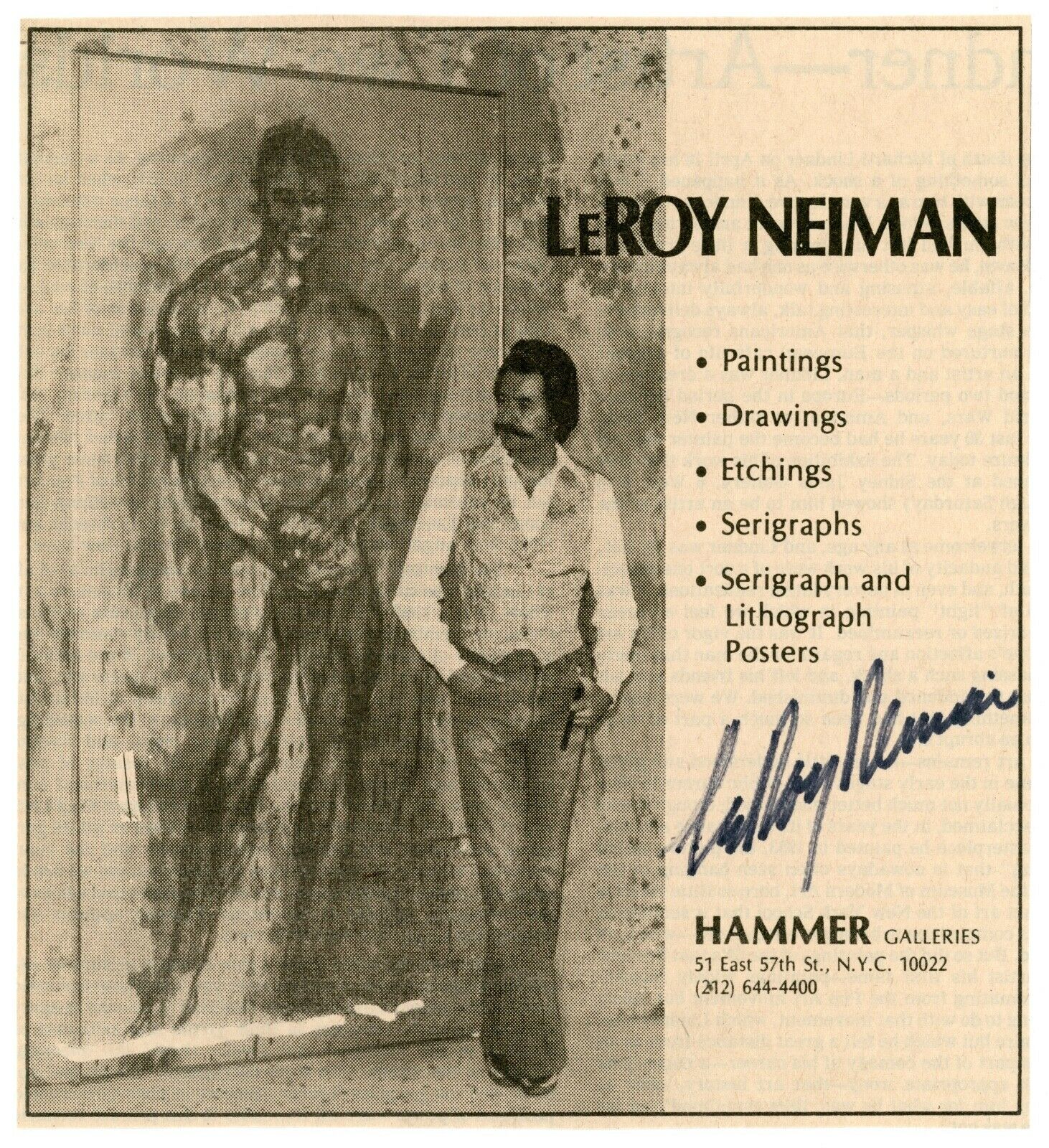 Leroy Neiman - Expressionist Artist/signed Hammer Gallery Show Advertisement