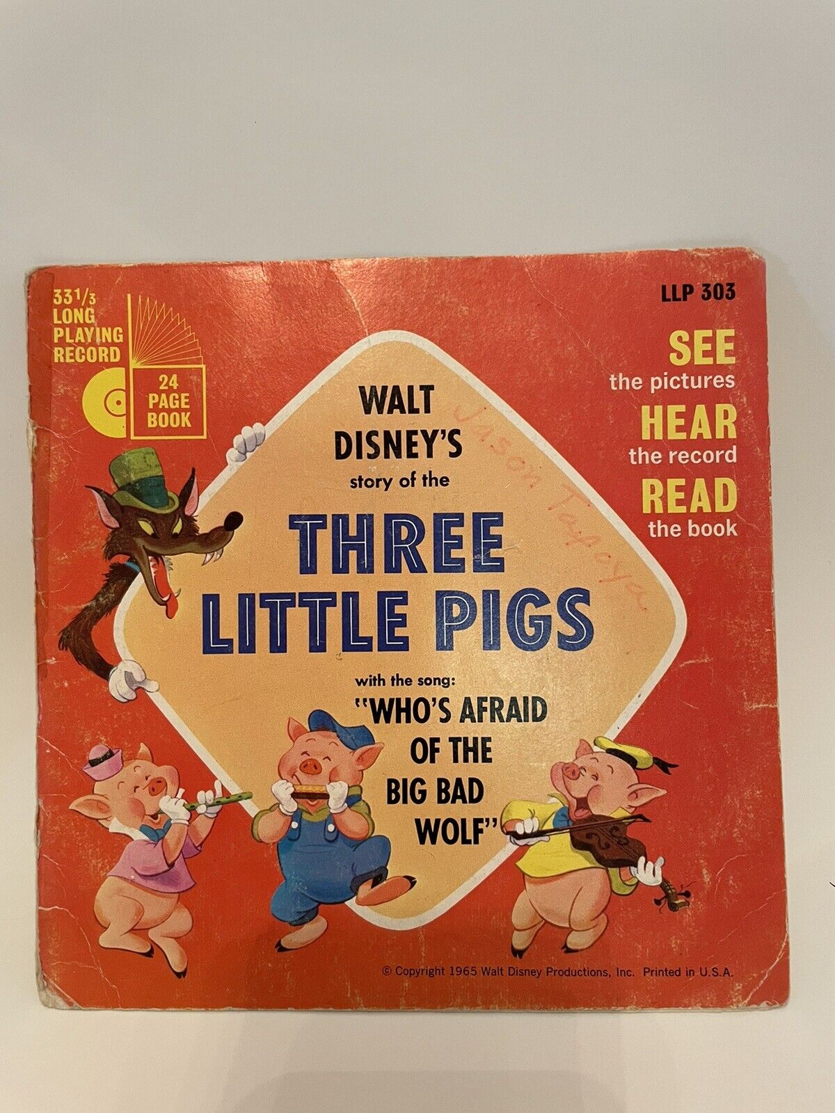 Walt Disney’s Three Little Pigs 331/3 Long Playing Record Llp 303 Cover Only