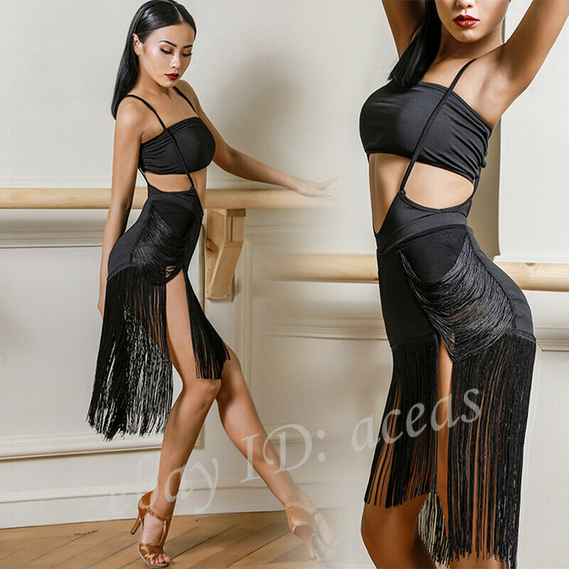 Womens Tassels Sexy Slit Latin Dance Dress Rumba Samba Cha Cha Ballroom Skirts