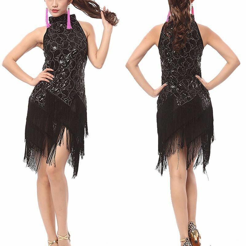 Latin Tango Rumba Samba Ballroom Salsa Dance Dress Sequin Fringes Tassels Dress