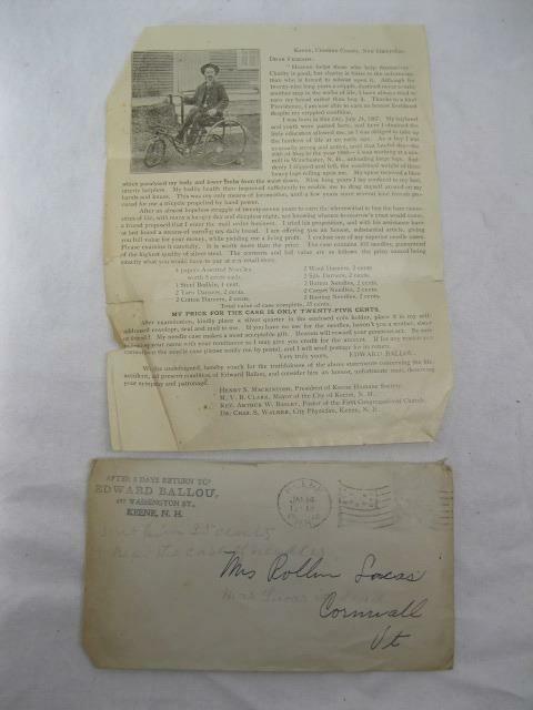 1910 Ballou Handicap Man Selling Sewing Needles Letter Keene Nh Old Vtg