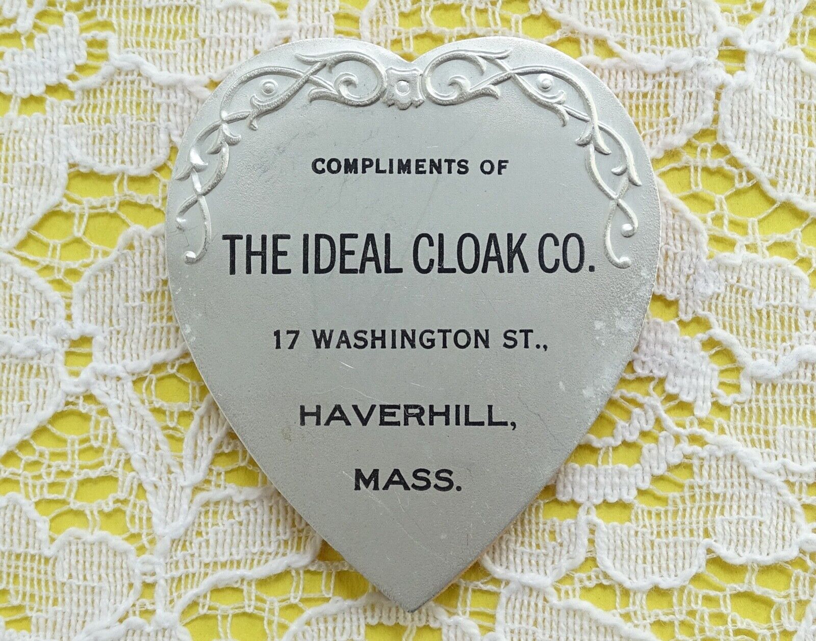 C1908 Advertising Heart Shape Needle Pin Holder Ideal Cloak Co Haverhill, Ma